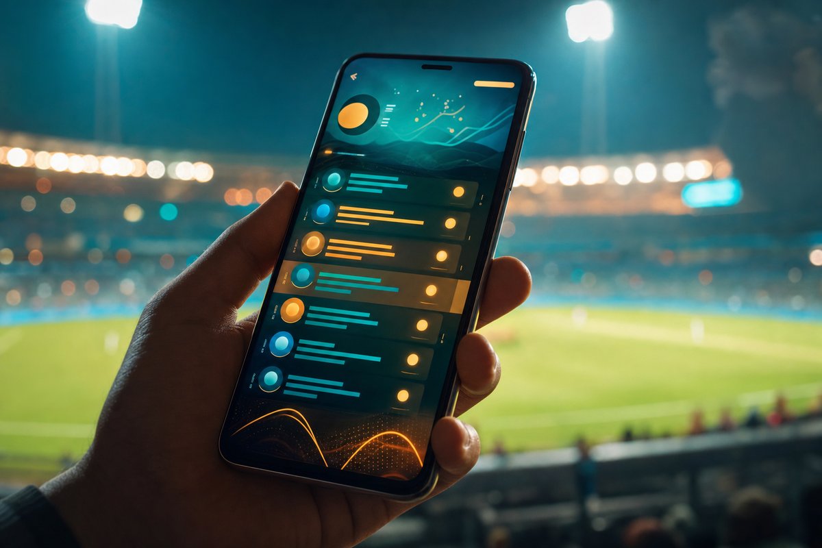 A phone showing a ranked list of betting apps, held up against the floodlights of a night cricket stadium